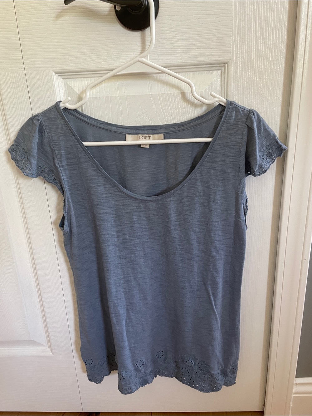 LOFT Slate Blue Scoop Neck Eyelet-Hem Short Sleeve Top